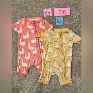 Duck Print Baby Rompers - Pink and Yellow, never worn, ultra silky/soft, 3 month